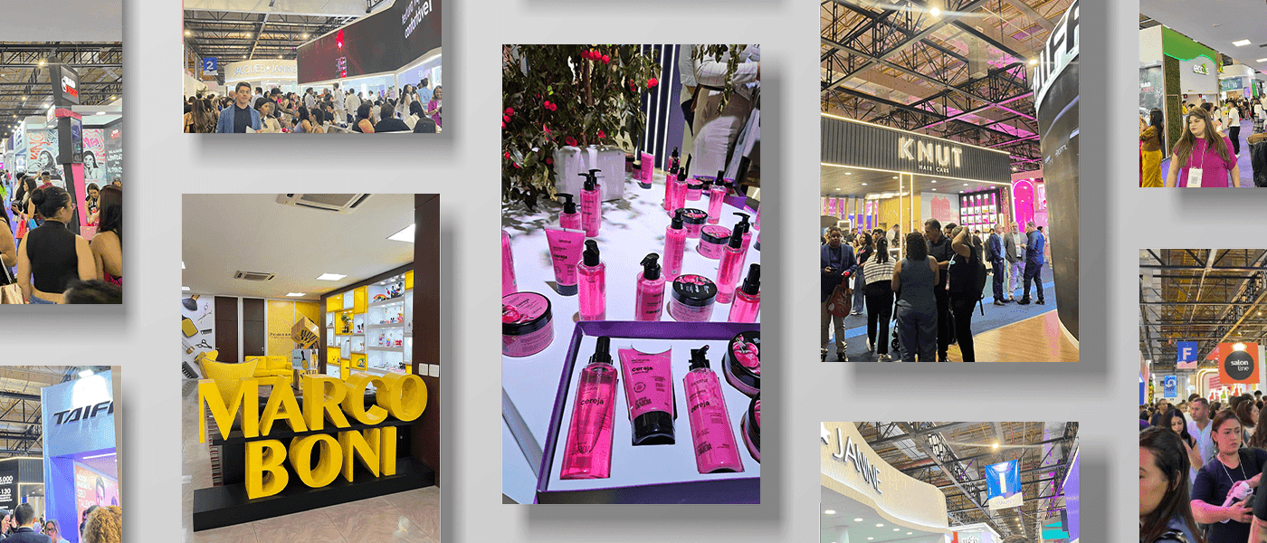 Fotos de estandes e produtos de beleza na feira Beauty Fair