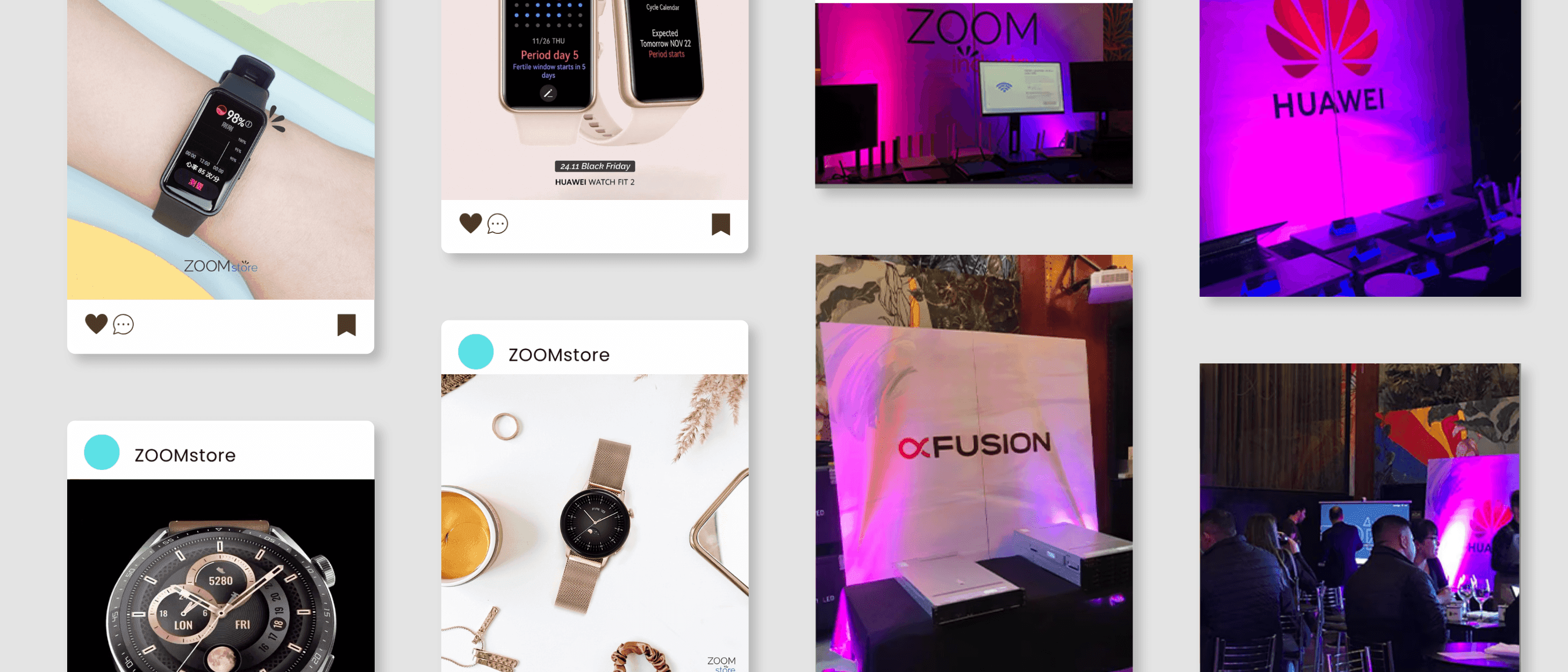 Posts da ZOOMstore com smartwatches Huawei e fotos dos eventos ZOOMinnovation